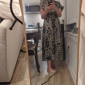 Donna Karan Black and Cream Patterned Midi Dress